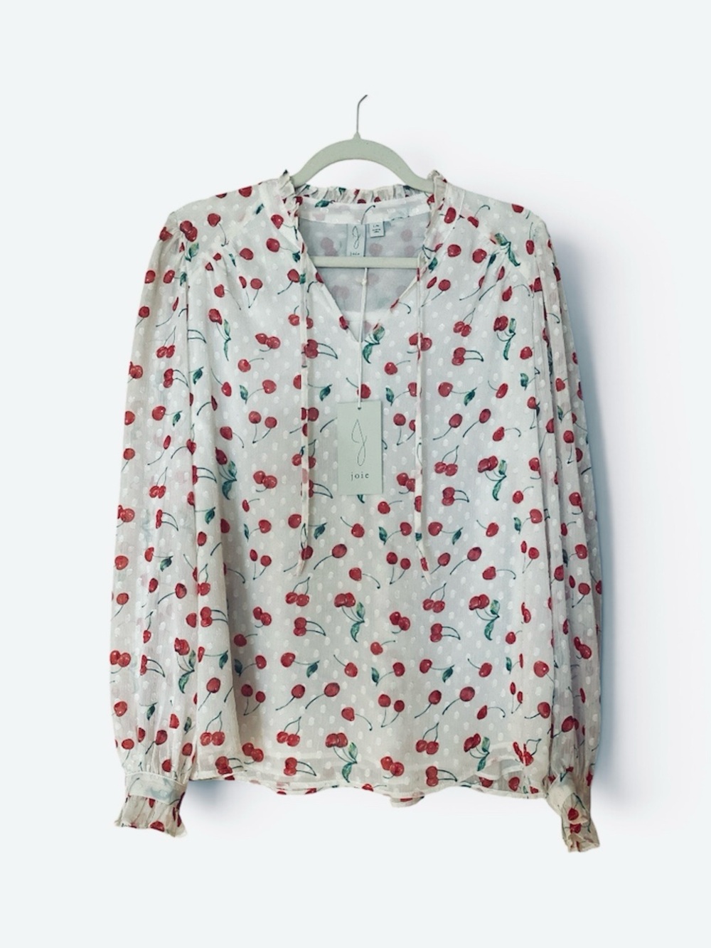 NWT Joie white cherry-print ruffles-trimmed sheer blouse size L